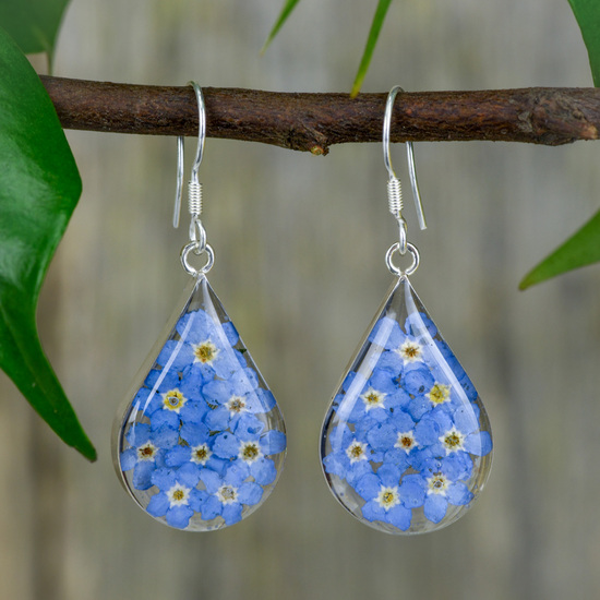 Blue Mexican Flowers Drop Medium Hook Earrings
