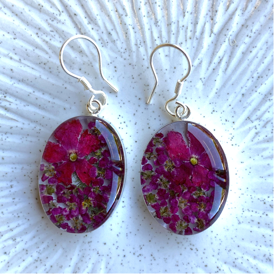 Fuchsia Mexican Flowers Oval Medium Hook Earrings