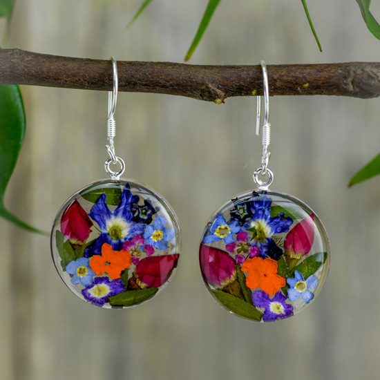Garden Mexican Flowers Round Medium Hook Earrings