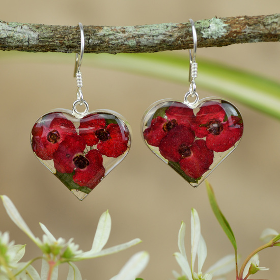 Red Mexican Flowers Heart Medium Hook Earrings