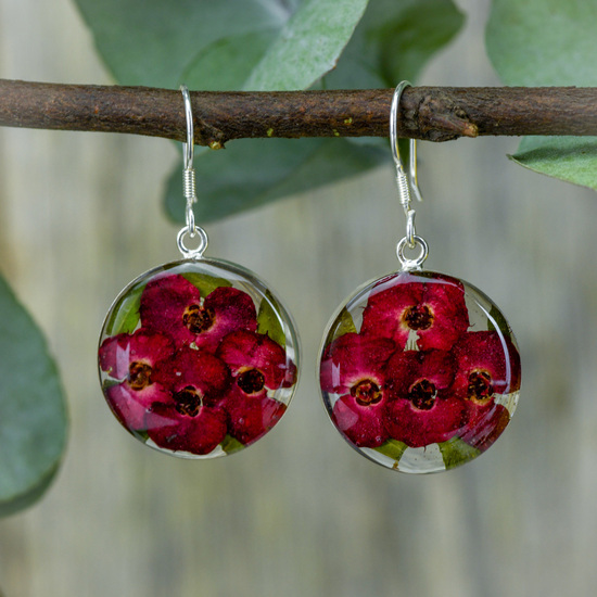 Red Mexican Flowers Round Medium Hook Earrings