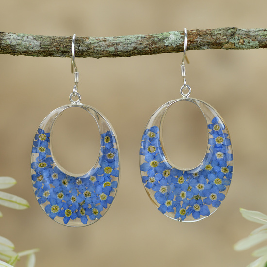 Blue Mexican Flowers Oval Cut Out Earrings