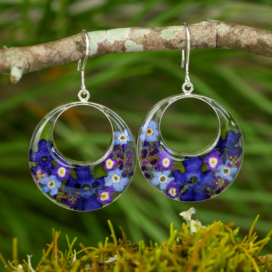 Purple Mexican Flowers Round Cut Out Hook Earrings