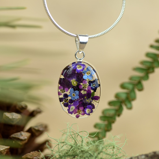Purple Mexican Flowers Small Oval Necklace