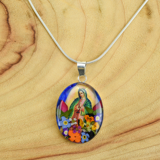 Blue Virgin of Guadalupe Mexican Flowers Medium Necklace