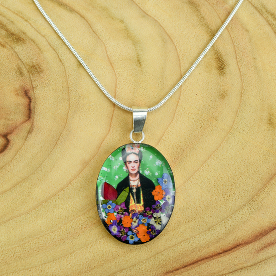 Frida Kahlo Mexican Flowers Medium Green Necklace