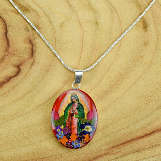 Red Virgin of Guadalupe Mexican Flowers Medium Necklace