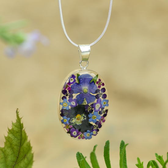 Purple Mexican Flowers Oval Medium Necklace