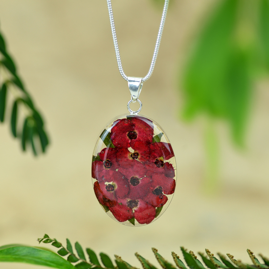 Red Mexican Flowers Medium Oval Necklace