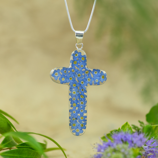 Blue Mexican Flowers Large Cross Necklace