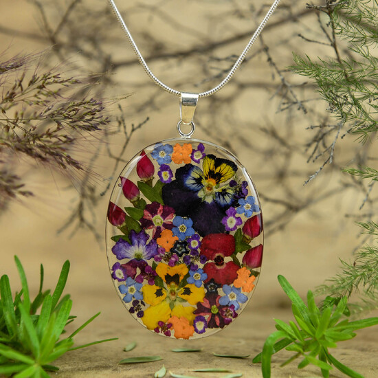 Garden Mexican Flowers Large Oval Necklace