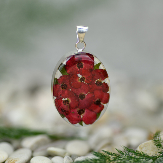 Red Mexican Flowers Medium Oval Pendant