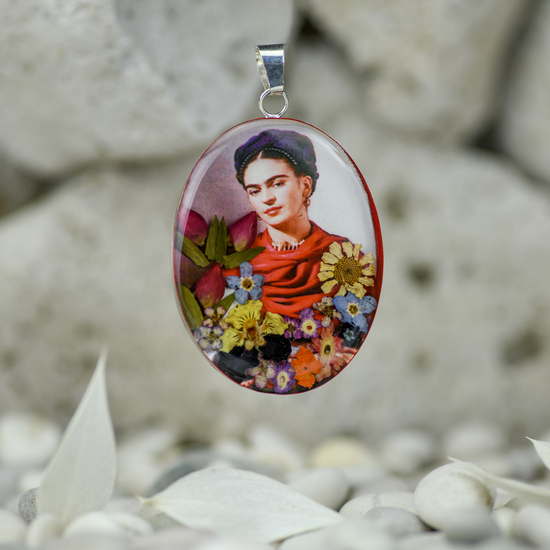 Frida Kahlo Mexican Flowers Orange Scarf Large Pendant