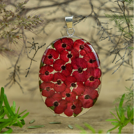 Red Mexican Flowers Large Oval Pendant