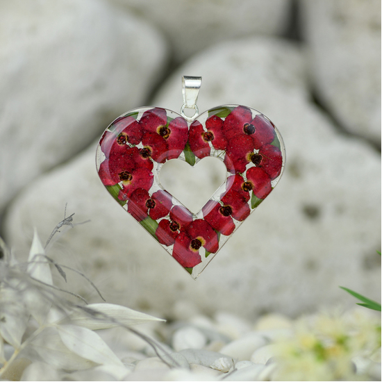 Red Mexican Flowers Large Heart Cut-Out Pendant