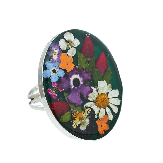 Green Oval Mexican Flowers Large Ring - Adjustable