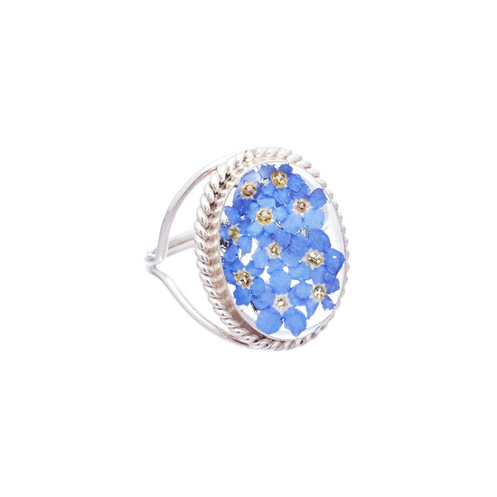 Blue Mexican Flowers Oval Baroque Ring - Size 7