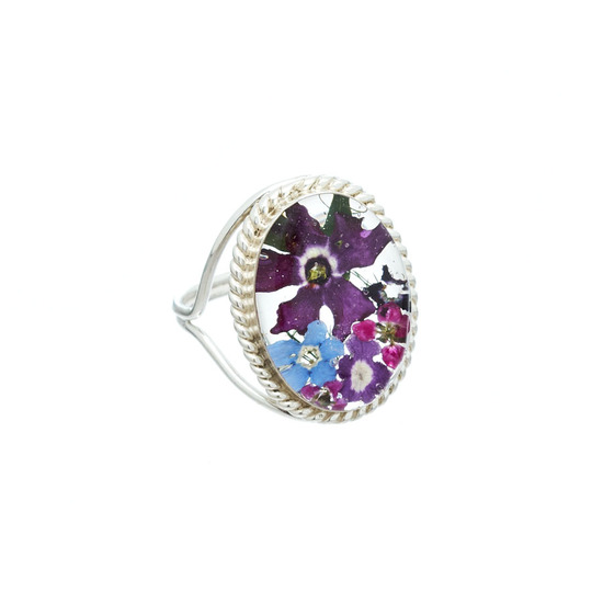 Purple Mexican Flowers Oval Baroque Ring - Size 7
