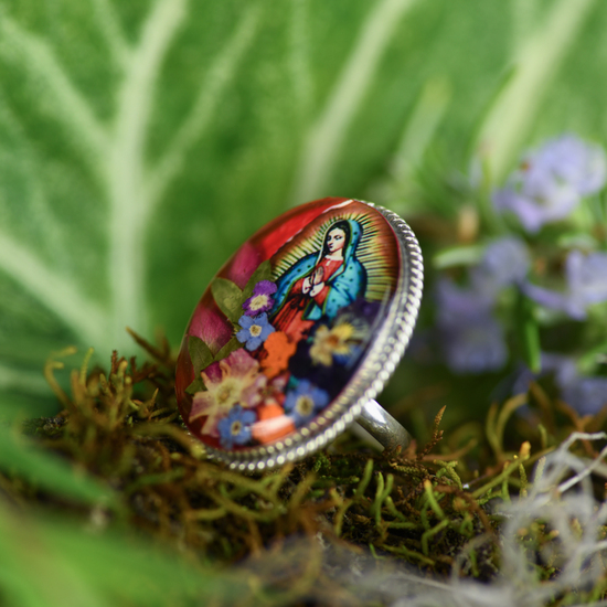 Red Virgin of Guadalupe Mexican Flowers Baroque Ring - Adjustable